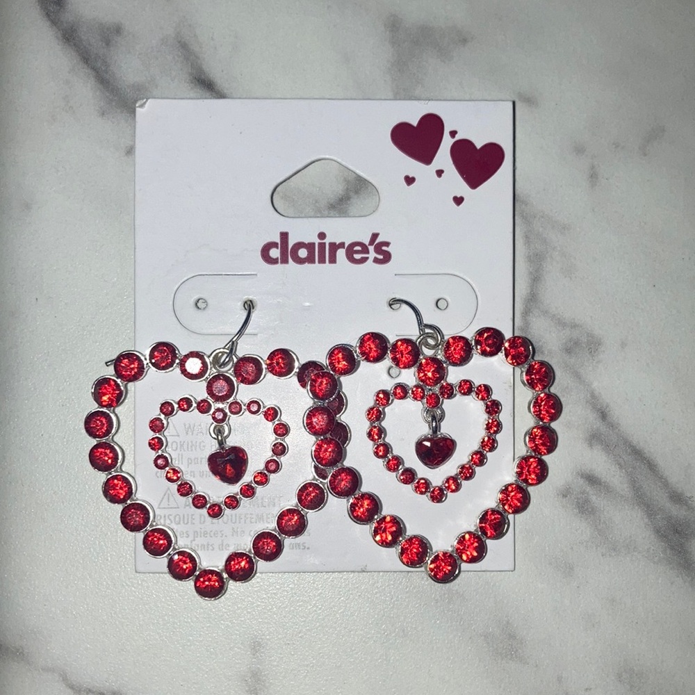 Claire's Red Rhinestone Heart Dangle Earrings